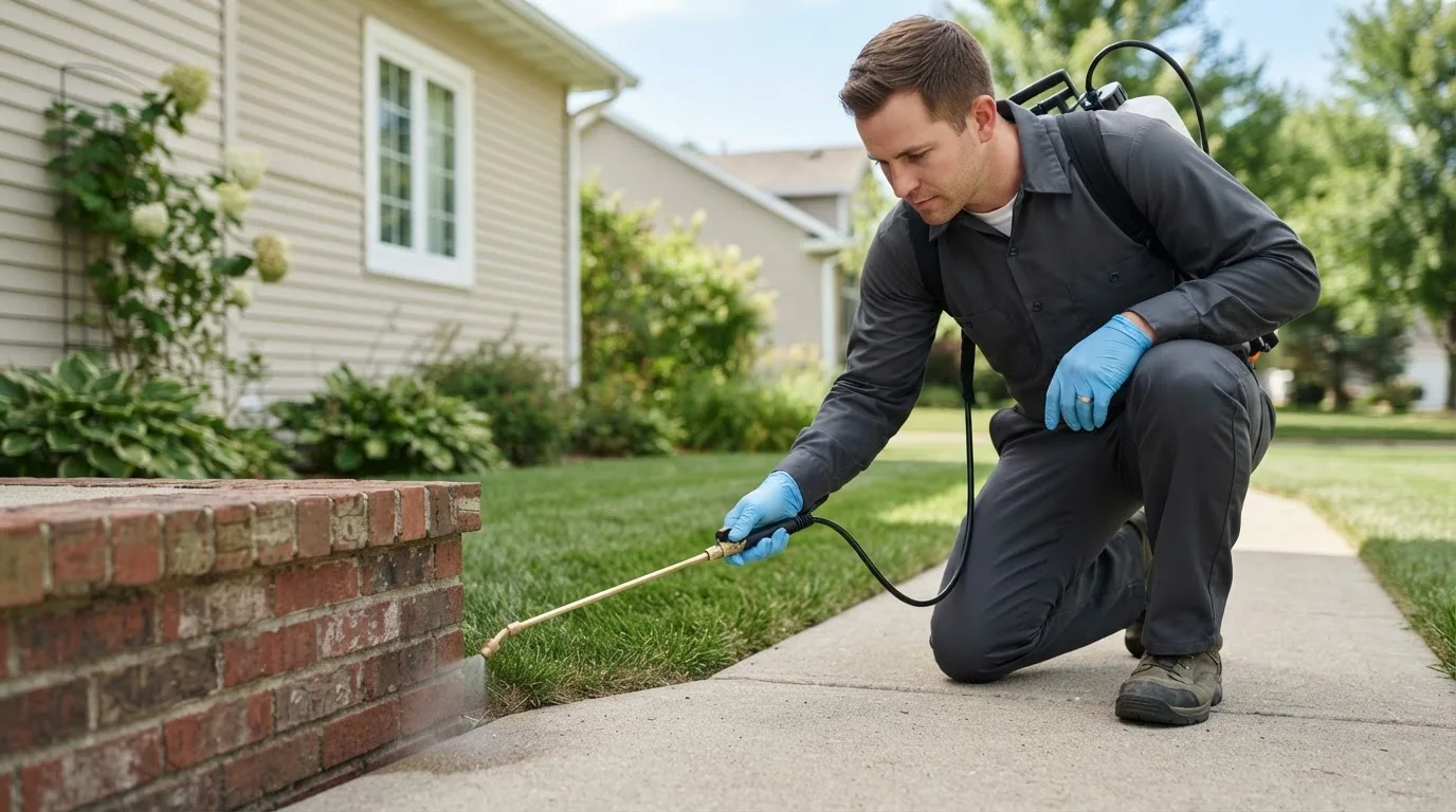 Pest control technician treating a home near Arcadia, KS