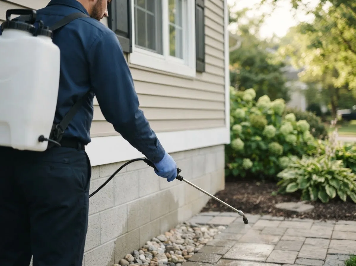 Pest control technician inspecting a home in Arcadia, KS